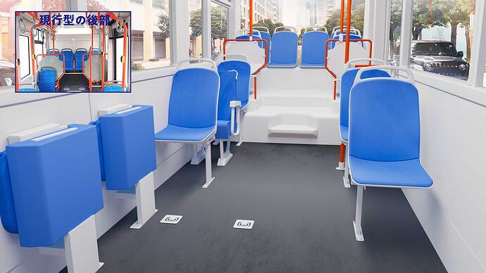 新型『J6』車内。現行型の最後部はバッテリー搭載スペースで窓が塞がっていますが、新型では開放的な車窓が設けられています。