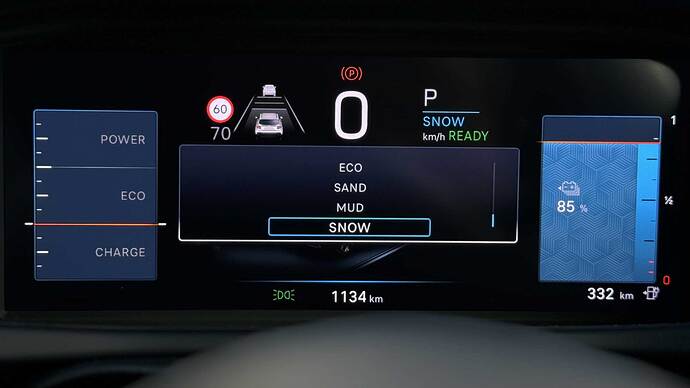 セレクテレインでスノーを選択した場合のドライバーディスプレイ。右上に選択された「SNOW」が常時表示になる。