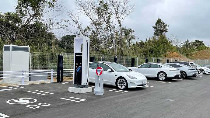 PEC東京のゲストパーキングに並ぶ充電器。コースのパドックエリアにも最大出力150kWの急速充電器を備えている。