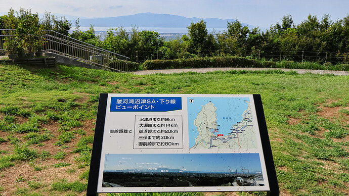 駿河湾を見下ろせるはずのビューポイントだが、目の前の木に視界を阻まれる。