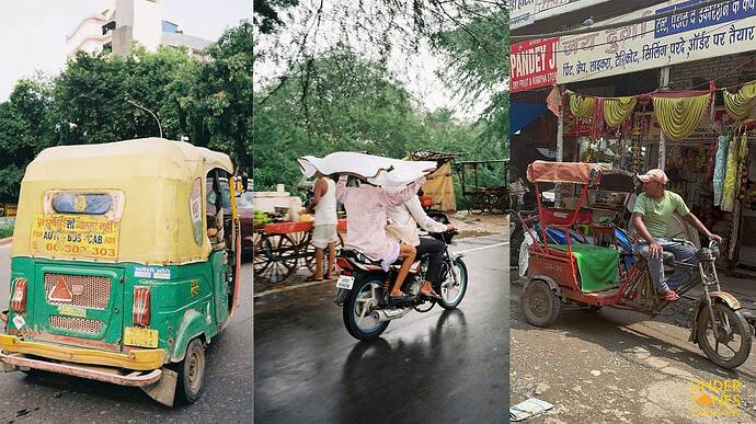 インドで最も見かける乗り物はオートリキシャ、二輪車、電動リキシャ。（ニューデリーで撮影）
