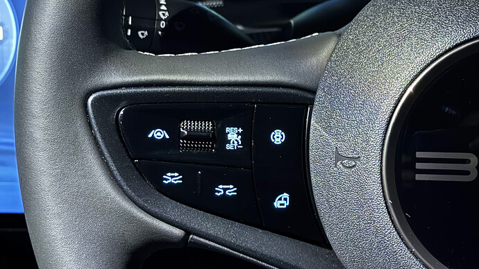 右上は車両周囲のカメラ映像をセンターディスプレイに表示させるスイッチ。右下はセンターディスプレイの縦位置、横位置を切り替えるスイッチ。