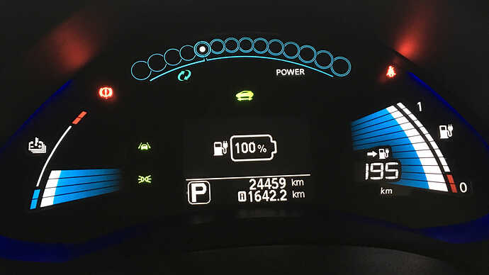 購入直後のマイカーリーフのメーター。12セグで、航続可能距離は195kmと表示されています。