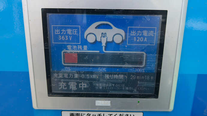 東京＝大間の超ロングドライブ中、30kWhリーフで50kW器で充電中の出力。SOC15％からの充電で「363V×120A＝約43.6kW」の出力で充電できています。