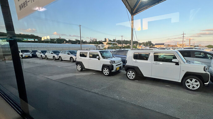 今回ドルフィンを借りたバジェットレンタカーの車両基地。手前から2列目がドルフィンの列。今後どれほどEVレンタカーが増えていくのかにも注目です。