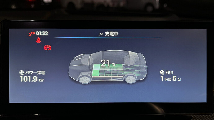 充電中のドライバーディスプレイ。左側に101.9kWの出力表示がある。シールで残念なのは、増えていくSOCに伴った航続距離表示がないことだ。