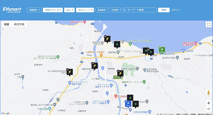 輪島市街には日産ディーラー50kW級をはじめとして、4か所で30kW級充電器が稼働中。