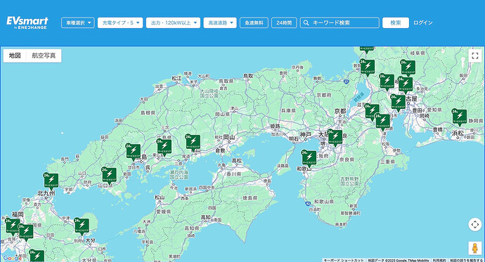 EVsmartで西日本エリアの高速道路上の150kW級のみをプロット。