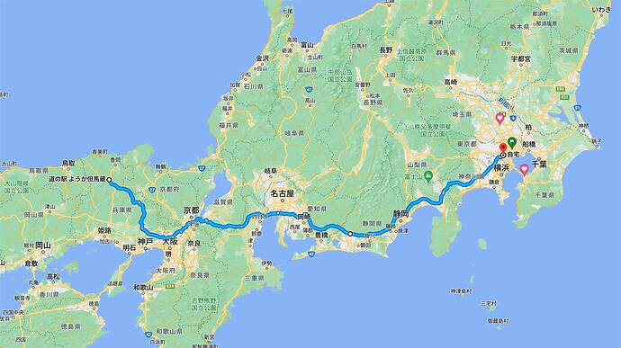 経路上、少し大きい○が浜松SAの位置。