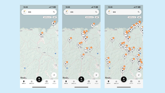 左から、90kW以上、44kW以上、それ以下を含む出力でフィルタリングした兵庫県北部の急速充電器マップ。