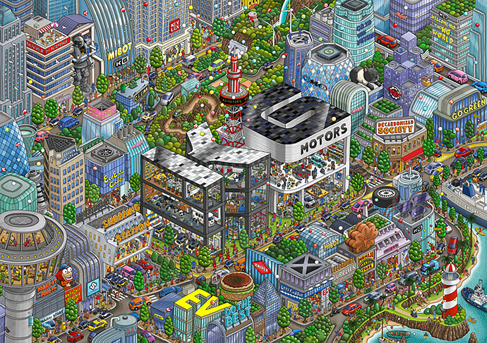 車名とともに公開された「mibotが走る未来の街」のイラスト。広島を代表するクリエイターであり、世界で活躍するイラストレーターIC4DESIGNのカミガキヒロフミさんの作品です。