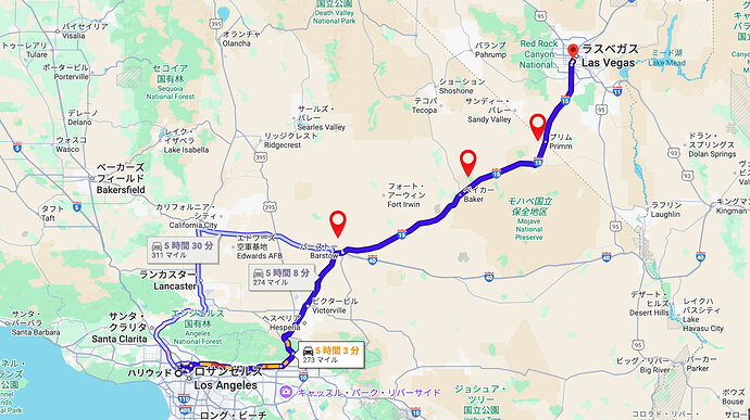 LAからラスベガスまでの経路と充電したポイント。