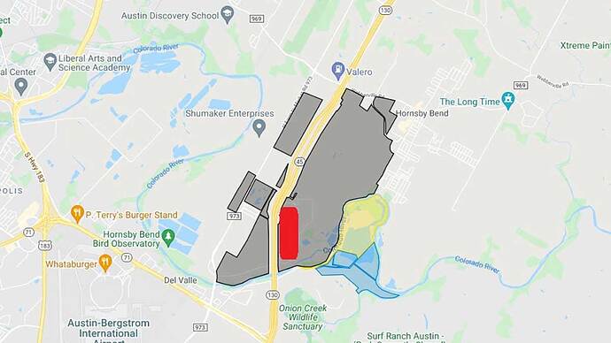ギガテキサスの敷地がグレーの部分。先日サイバーロデオが開催された建屋が赤の部分。