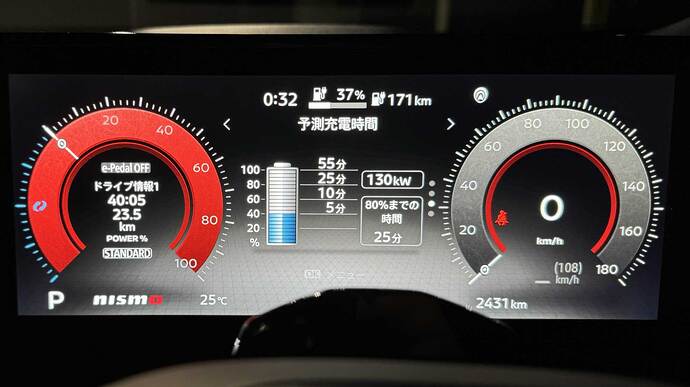 充電中のドライバーディスプレイ、NISMO専用デザインです。中央の少し右側に130kWの出力表示があります。