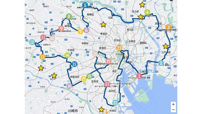 今回は番号順にステーションを利用。☆が利用できなかった新設ステーション。※地図はGoogleマップより引用。