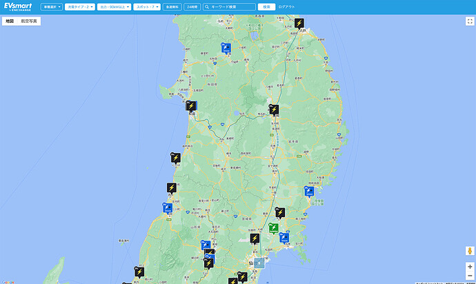 テスラSCを含む90kW以上の充電スポットを示したEVsmartの地図画面。
