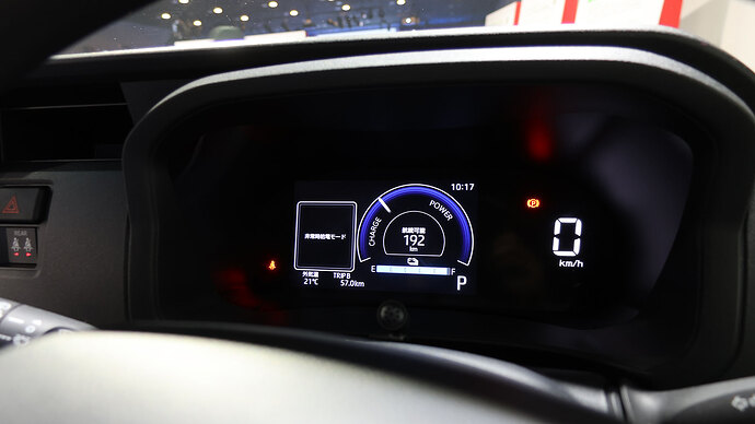 発表会場で給電中の展示車のメーター。SOCの％表示はありません。