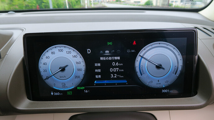 実家を出発前。航続可能距離表示360kmで、385km先の浜松SAを目指します。