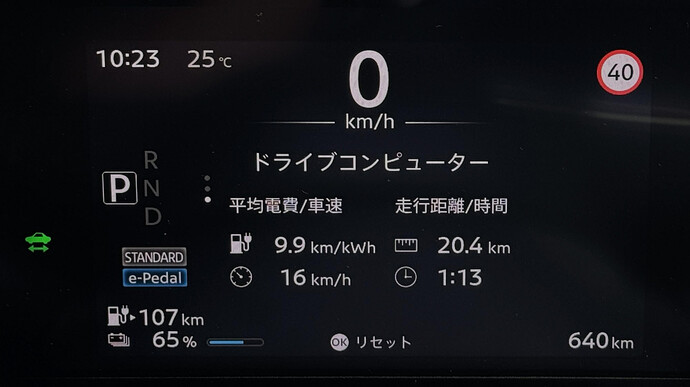 ドライバーディスプレイの写真、中央に電費表示がある。安全に停車できる場所まで移動し撮影した瞬間に9.9km/kWhになった。