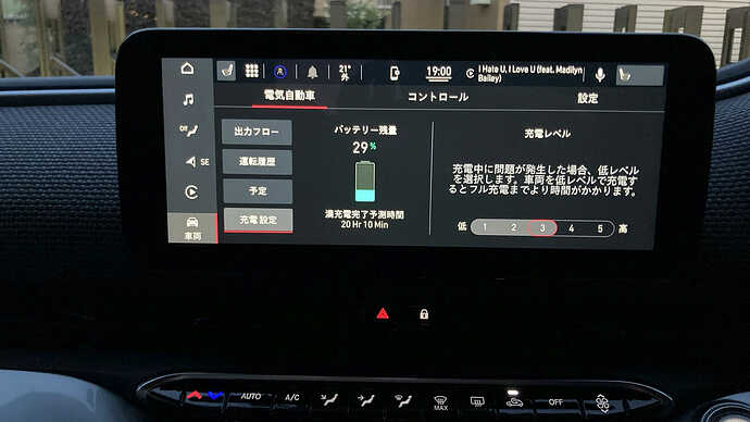 自宅到着時で29％まで消耗。充電レベル3だと満充電まで20時間との表示。