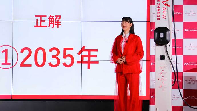壇上でEVクイズに挑戦して、日本の新車販売電動車100％の目標年を見事に正解！