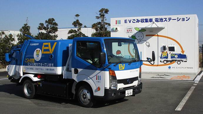 バッテリー交換式パッカー車。キャビンの後ろ、荷室との間に交換式のバッテリーが搭載されています。（写真提供：川崎市）