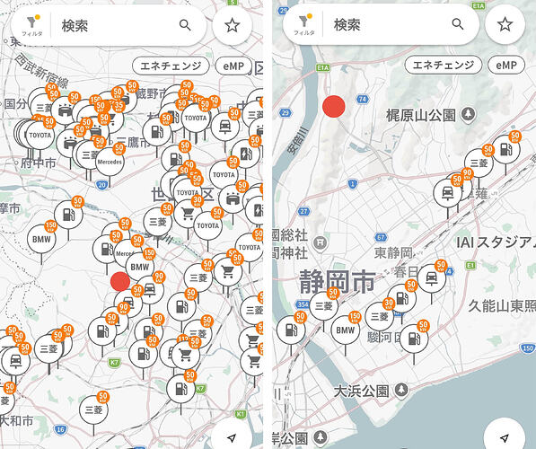 EV充電エネチェンジアプリでエコQ電の充電器を検索した結果で、左の赤丸が東名川崎IC、右の赤丸が新静岡ICです。どちらも50kW器がメインですが、150kW器も見つけることができます。