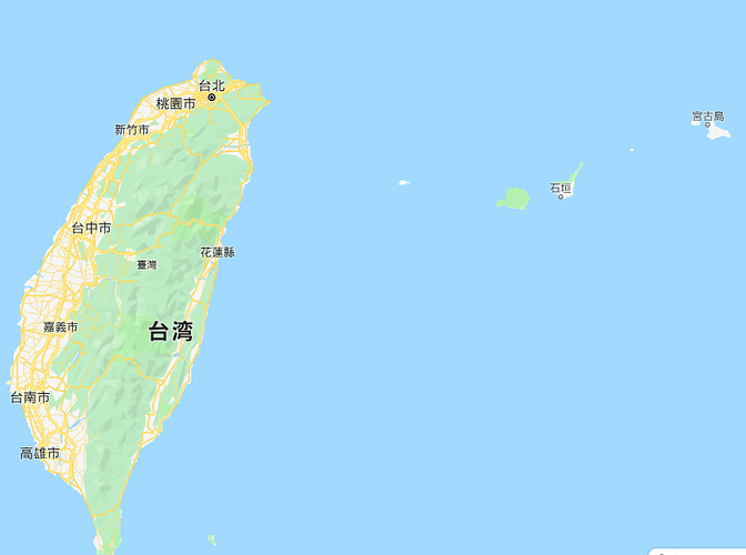 台湾の地図。今回のコンボイ走行が行われた苗栗県は、西岸の「台中市」のすぐ上の辺り。台湾の西岸だ。なお、右の海中に沖縄県の石垣島と宮古島が見える。台湾は沖縄の「お隣さん」だ。