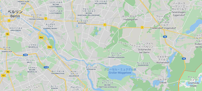 画面左上がドイツ首都のベルリン。右下にギガファクトリーの予定地とされる「グリュンハイデ」が見える。