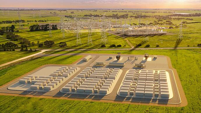 オーストラリア ビクトリア州 ジーロング（Geelong）に建設中の300MW / 450MWhのMegapackシステム。太陽光エネルギーや風力エネルギーの蓄電・放電による再生可能エネルギーの活用に加え、系統電力の安定に貢献。また、ビクトリア州政府の「2030年までに再エネ率 50%」という目標の達成をサポート。（2021年11月 稼働予定）