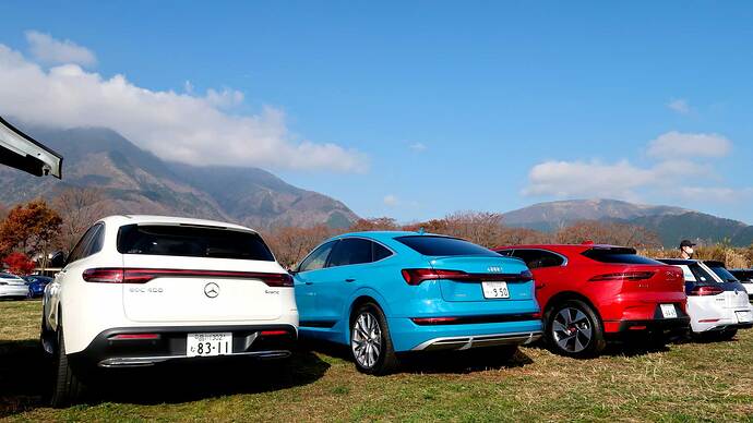 逆行になるので後ろ姿ですけど、EQC、e-tron、アイペイスと、欧州高級EV３車種が揃い踏み。