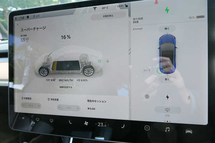 鳴門SCでの充電開始直後。131kW出ています。