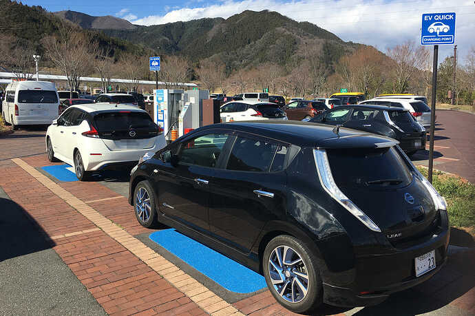 2基ともに、白い新型リーフの後ろに黒い初代エアロスタイルが待つ奇遇。
