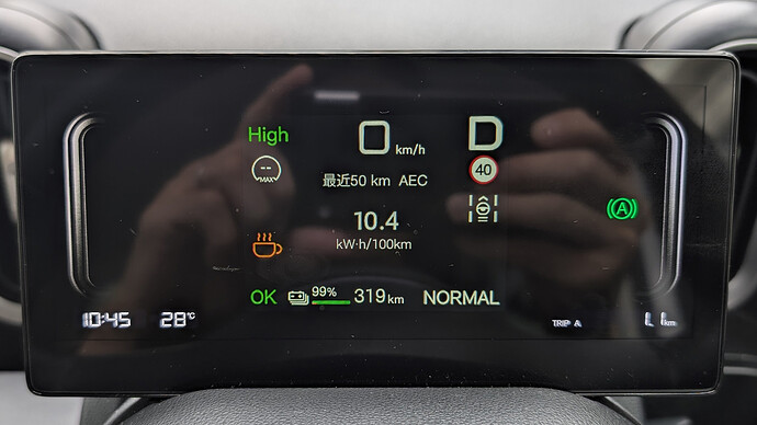 100％の写真を撮り損ね、1km走った先で99％走行可能距離319kmの写真。