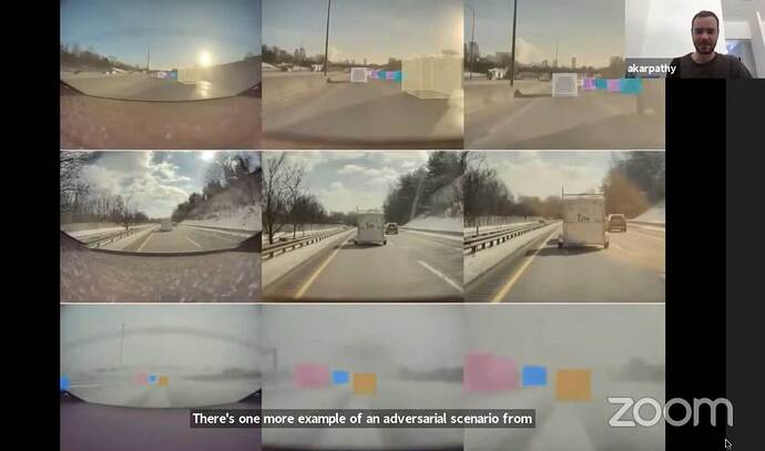 下段＝雪で前走車が見えなくなってもオレンジの枠が途切れない様子。（YouTubeの基調講演動画アーカイブより引用）