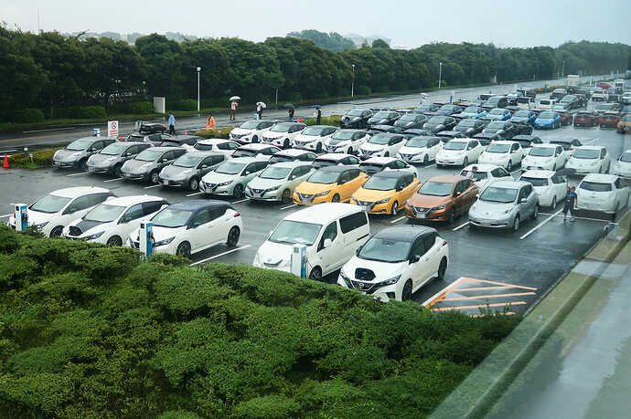 集合場所の駐車場に続々とリーフが集結。ボディカラーごとに整列しました。
