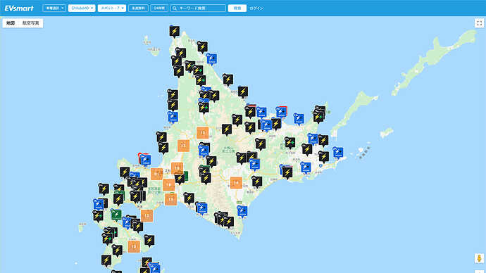 試しに『EVsmart』で北海道の急速充電スポットを検索してみました。
