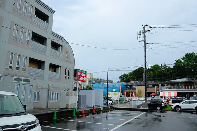 画面中央右の電柱から、画面左に伸びる電線が、電柱から引いた充電器用の電線。