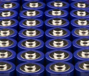 View macro of several AA blue batteries.